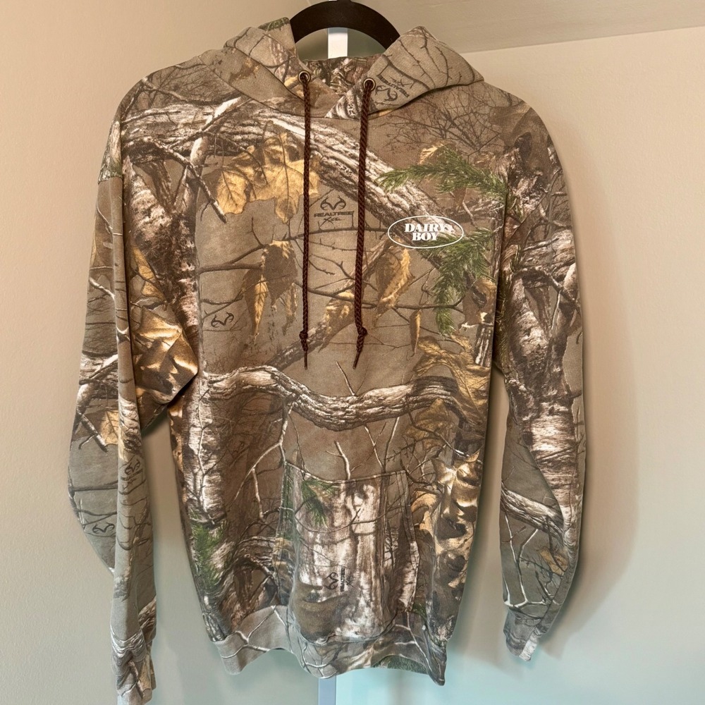 Dairy Boy Realtree Xtra Camo Hoodie Brown Green Graphic Pullover Small Womens